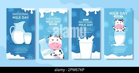 National Milk Day Social Media Stories Cartoon piano modelli disegnati a mano Illustrazione Foto Stock