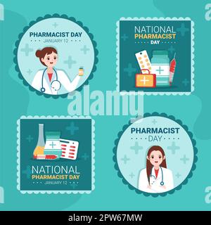 Illustrazione dei modelli disegnati a mano in cartoon piano etichetta per la Giornata Mondiale dei farmacisti Foto Stock