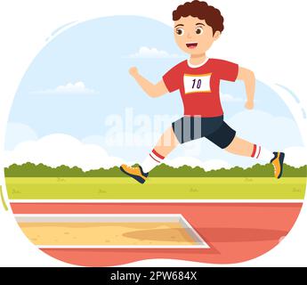 Long Jump Illustration con i bambini che fanno salti in sabbia Pit per banner Web o Landing Page in Campionato sportivo Flat Cartoon modelli disegnati a mano Illustrazione Vettoriale