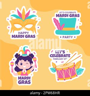 Mardi Gras Carnival Label Flat Cartoon modelli disegnati a mano Illustrazione Illustrazione Vettoriale