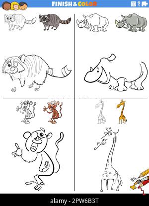 disegno e colorazione foglio di lavoro con animali cartoni animati Illustrazione Vettoriale