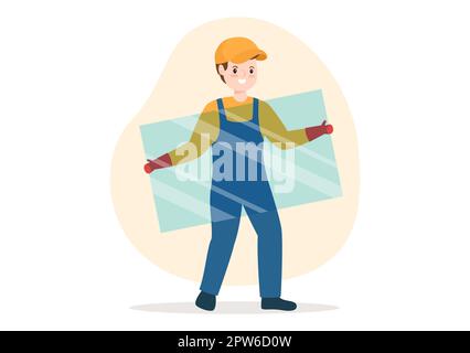 Servizio di installazione di finestre e porte con lavoratore per la riparazione a casa e ristrutturazione utilizzare gli attrezzi in Cartoon piano modello disegnato a mano Illustrazione Foto Stock
