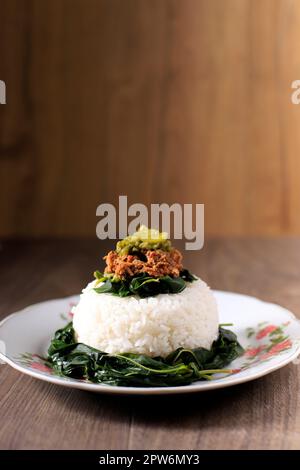 Nasi Padang con Rendang e Sambal Ijo, cibo indonesiano fatto in casa. Copia spazio per testo Foto Stock