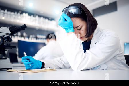 Scienziato, mal di testa stress e donna scrivere in notebook per la ricerca, pianificazione relazione o di lavoro su analisi medica in laboratorio. Scienza, frustrazione Foto Stock