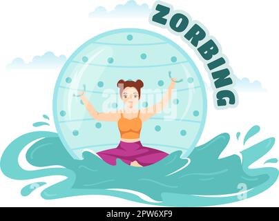 Illustrazione di Zorbing con la gente che gioca Bump di bolla sul campo verde o sul pool per il banner di fotoricettore o la pagina di atterraggio nei modelli disegnati a mano del cartoon piano Illustrazione Vettoriale