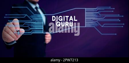 Esposizione di segnaletica Guru digitale, insegnante di vetrina aziendale e guida intellettuale su questioni di fondamentale interesse dell'elettronica Foto Stock