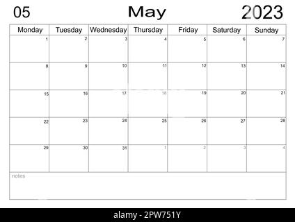 Pianificatore per maggio 2023. Programma per il mese. Organizzatore per maggio 2023. Business plan. Elenco delle attività per il mese. planner con celle vuote. Organizzatore mensile. CA Foto Stock