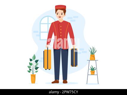 Dipendente dell'hotel per servire i viaggiatori in Flat Cartoon modello disegnato a mano Illustrazione Foto Stock