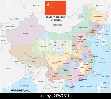 Mappa a colori delle divisioni amministrative della Cina con bandiera Illustrazione Vettoriale