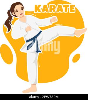 La gente che fa alcune mosse di base di arti marziali di Karate, posa di combattimento e vestendo Kimono in mano di Cartoon disegnata per l'illustrazione di modelli della pagina di atterraggio Illustrazione Vettoriale