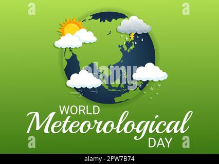 Illustrazione della Giornata Meteorologica Mondiale con la Scienza Meteorologica e la ricerca del tempo in Cartoon piano disegnato a mano per i modelli della pagina di atterraggio Illustrazione Vettoriale