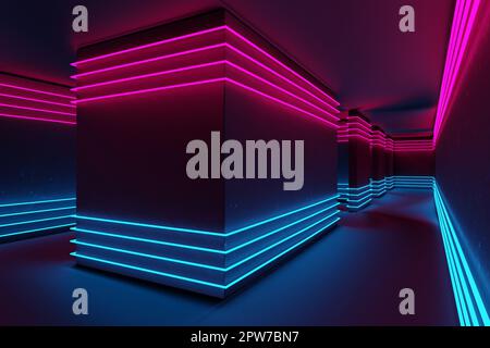 Corridoio illuminato al neon in ciano e magenta. Synthwave, estetica ciberpunk. Rendering 3D astratto. Foto Stock