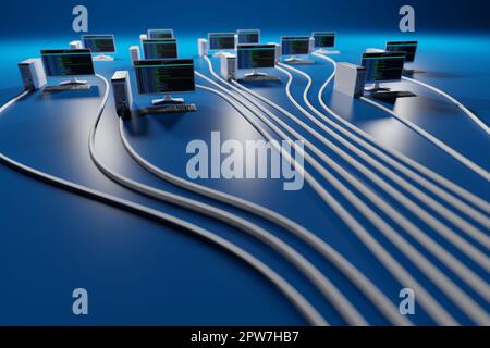 Rete informatica, concetto di cloud computing su sfondo blu. Rendering 3D digitale. Foto Stock