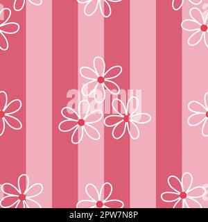 Motivo floreale a righe senza cuciture. Linee verticali di tonalità rosa e fiori bianchi disegnati nand. Stampa raster allover Foto Stock