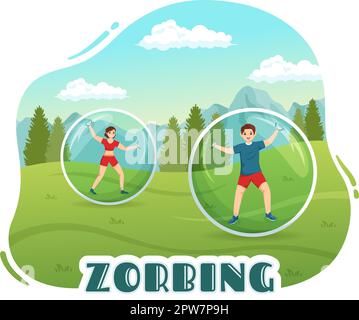 Illustrazione di Zorbing con la gente che gioca Bump di bolla sul campo verde o sul pool per il banner di fotoricettore o la pagina di atterraggio nei modelli disegnati a mano del cartoon piano Illustrazione Vettoriale