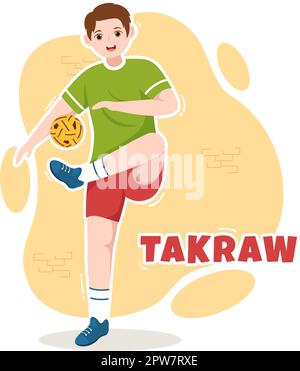 Sepak Takraw Illustrazione con atleta giocando Kick Ball sul campo in Flat Sports Game Competition Cartoon Hand disegnato per Landing Page Template Illustrazione Vettoriale