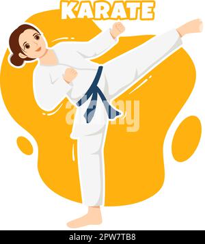 La gente che fa alcune mosse di base di arti marziali di Karate, posa di combattimento e vestendo Kimono in mano di Cartoon disegnata per l'illustrazione di modelli della pagina di atterraggio Illustrazione Vettoriale