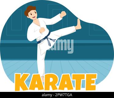 La gente che fa alcune mosse di base di arti marziali di Karate, posa di combattimento e vestendo Kimono in mano di Cartoon disegnata per l'illustrazione di modelli della pagina di atterraggio Illustrazione Vettoriale