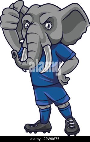 Mascotte di calcio dell'elefante del cartone animato che mostra il pollice in su Illustrazione Vettoriale