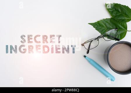 Titolo concettuale ingrediente segreto, parola per la tecnica speciale o materiali utilizzati da un'azienda nella fabbricazione dei suoi prodotti Foto Stock