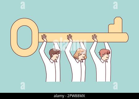 I dipendenti del team sollevano un'enorme chiave in testa, simbolizzando la soluzione congiunta del problema. Immagine vettoriale Illustrazione Vettoriale