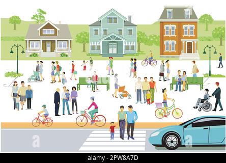Silhouette cittadina in periferia, con pedoni in zona residenziale e attività ricreative, illustrazione Illustrazione Vettoriale