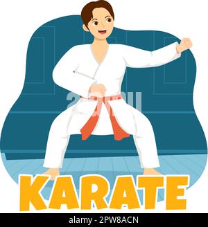 La gente che fa alcune mosse di base di arti marziali di Karate, posa di combattimento e vestendo Kimono in mano di Cartoon disegnata per l'illustrazione di modelli della pagina di atterraggio Illustrazione Vettoriale