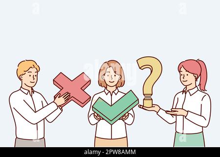 Le persone in abiti per lavoro d'ufficio coeso dipendenti squadra tenere segno di spunta e croce o domanda Illustrazione Vettoriale