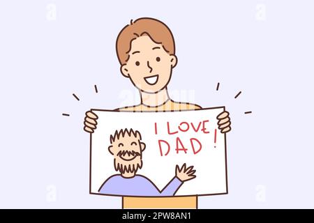 Felice ragazzo adolescente con poster con iscrizione amo papà e l'immagine dell'uomo in mano Illustrazione Vettoriale