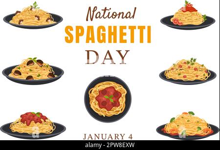 Giornata nazionale degli spaghetti il 4th gennaio con un piatto di tagliatelle o pasta italiana piatti diversi in Cartoon piatto modello disegnato a mano Illustrazione Illustrazione Vettoriale