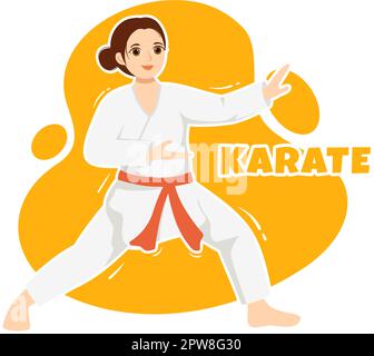 La gente che fa alcune mosse di base di arti marziali di Karate, posa di combattimento e vestendo Kimono in mano di Cartoon disegnata per l'illustrazione di modelli della pagina di atterraggio Illustrazione Vettoriale