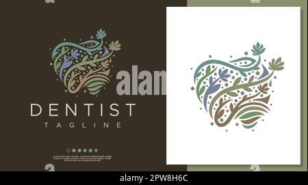 Modello decorativo con logo dentale floreale. Grafica vettoriale del logo del dente della foglia. Illustrazione Vettoriale
