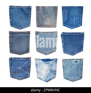 Collezione di tasche jeans. isolato su sfondo bianco Foto Stock