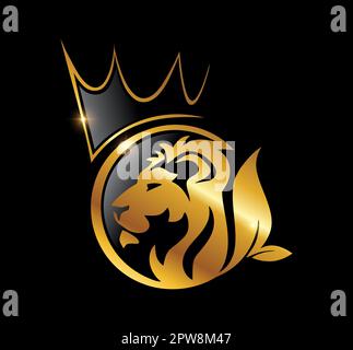 Testa Leone d'oro con icona vettore con logo Crown Illustrazione Vettoriale