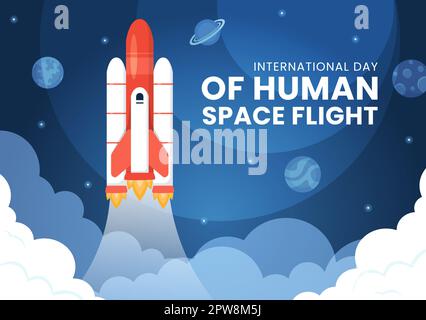Giornata internazionale del volo nello spazio umano il 12 aprile Illustrazione con l'astronauta di Rocket and Kids in Cartoon piano disegnato a mano per i modelli della landing page Illustrazione Vettoriale