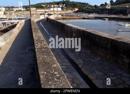 Fonte da Bica Saline, alias Salinas de Rio Maior, sistema di compartimenti di acque poco profonde e grondaie per l'estrazione del sale, Portogallo Foto Stock