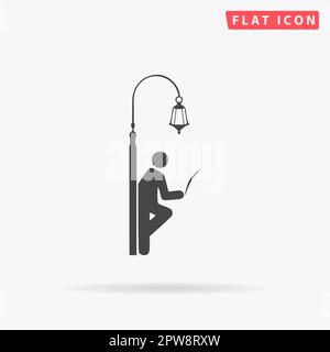 Uomo d'affari appoggiato su un lampione in un albero, leggendo il giornale. Semplice simbolo nero piatto con ombra su sfondo bianco. Pittogramma di illustrazione vettoriale Illustrazione Vettoriale