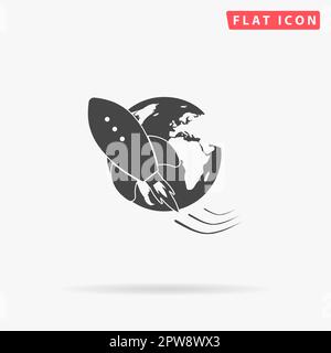 Il razzo va nello spazio profondo. Semplice simbolo nero piatto con ombra su sfondo bianco. Pittogramma di illustrazione vettoriale Illustrazione Vettoriale