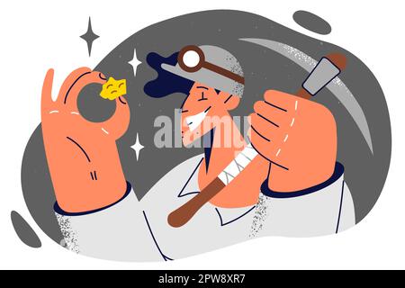 L'uomo minatore tiene il nocciolo d'oro gioisce nell'attesissima estrazione di metalli preziosi sotterranei Illustrazione Vettoriale