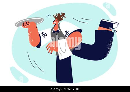 Un cameriere professionista si precipita al visitatore del ristorante per servire gli ospiti che vogliono cenare Illustrazione Vettoriale