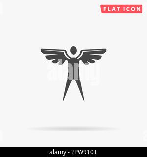 Uomo alato. Semplice simbolo nero piatto con ombra su sfondo bianco. Pittogramma di illustrazione vettoriale Illustrazione Vettoriale