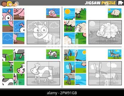 puzzle gioco set con personaggi animali da fattoria Illustrazione Vettoriale