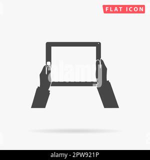 Mani che tengono il computer tablet con schermo vuoto. Semplice simbolo nero piatto con ombra su sfondo bianco. Pittogramma di illustrazione vettoriale Illustrazione Vettoriale