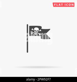 Jolly Roger o Skull e Cross ossa pirata bandiera. Semplice simbolo nero piatto con ombra su sfondo bianco. Pittogramma di illustrazione vettoriale Illustrazione Vettoriale