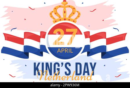 Happy Kings Netherlands Day Illustration con Waving Flags e King Celebration per banner Web o Landing Page in Cartoon piano modelli disegnati a mano Illustrazione Vettoriale