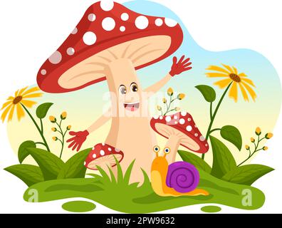 Funghi Illustrazione con diversi funghi, erba e insetti per banner Web o landing page in Cartoon piano modelli disegnati a mano Illustrazione Vettoriale