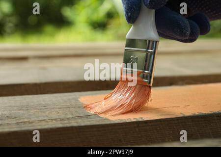 Lavoratore dipingere superficie in legno con colorante corallo all'aperto, primo piano. Spazio per il testo Foto Stock