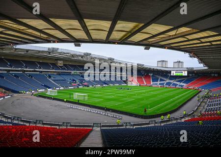 Glasgow, Regno Unito. 29th Apr, 2023. Hampden Park prima di un grande fine settimana di calcio come entrambe le semifinali si svolgono nel National Stadium. Il credito dell'immagine dovrebbe essere: Neil Hanna/Sportimage Credit: Sportimage Ltd/Alamy Live News Foto Stock