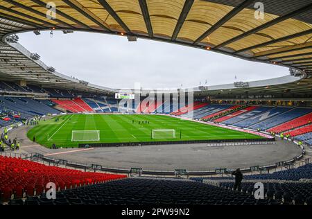 Glasgow, Regno Unito. 29th Apr, 2023. Hampden Park prima di un grande fine settimana di calcio come entrambe le semifinali si svolgono nel National Stadium. Il credito dell'immagine dovrebbe essere: Neil Hanna/Sportimage Credit: Sportimage Ltd/Alamy Live News Foto Stock