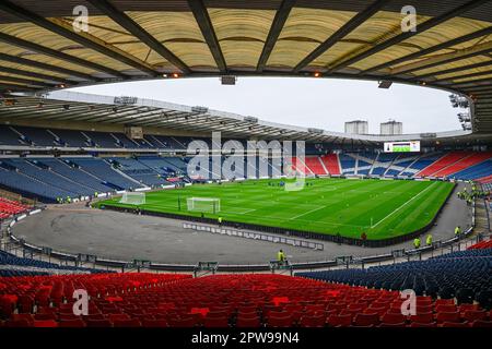 Glasgow, Regno Unito. 29th Apr, 2023. Hampden Park prima di un grande fine settimana di calcio come entrambe le semifinali si svolgono nel National Stadium. Il credito dell'immagine dovrebbe essere: Neil Hanna/Sportimage Credit: Sportimage Ltd/Alamy Live News Foto Stock